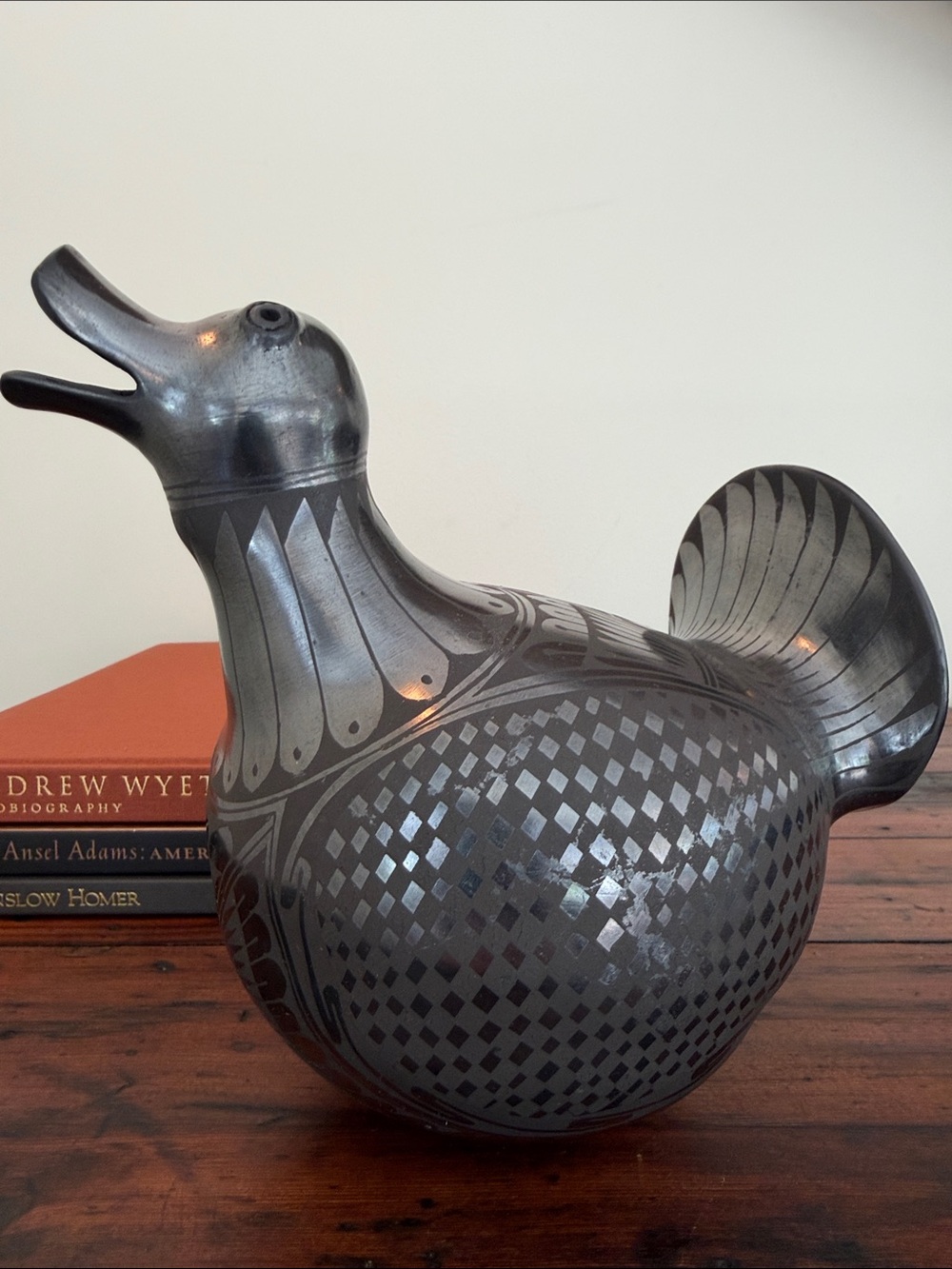 Chila Ortiz Handmade Blackware Mexican Folk Art Effigy Duck Vase. Signed.